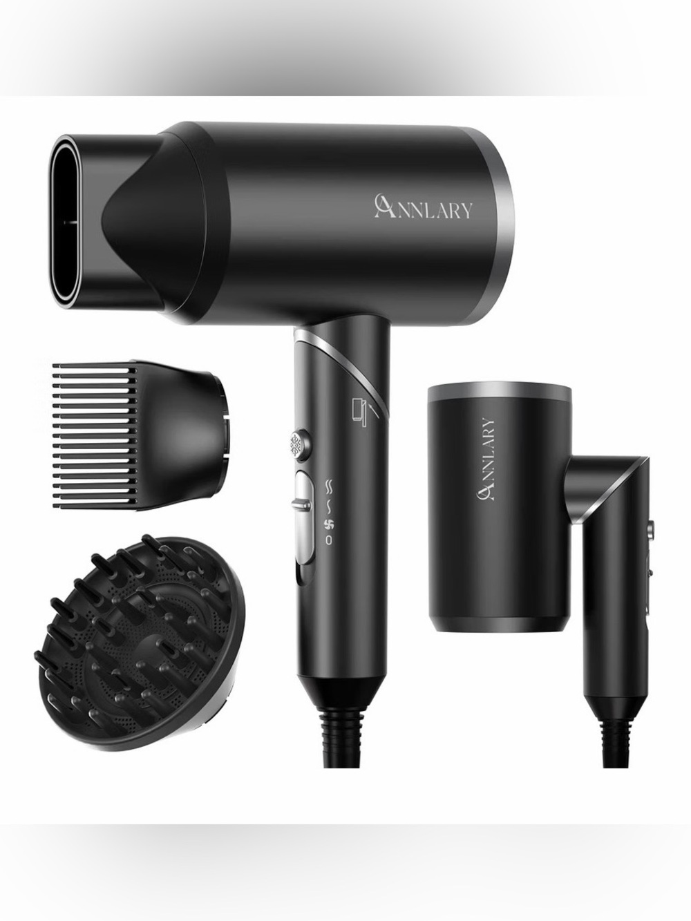 Amazon Matte Black Compact Hair Dryer with Attachments